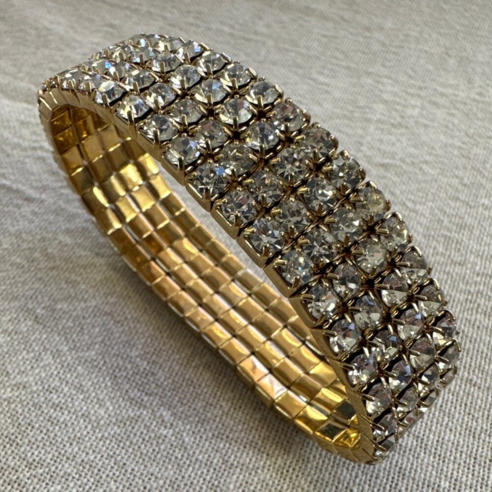 Small Stretch Rhinestone Bracelet, Gold Tone, Four Rows - Picture 3 of 3